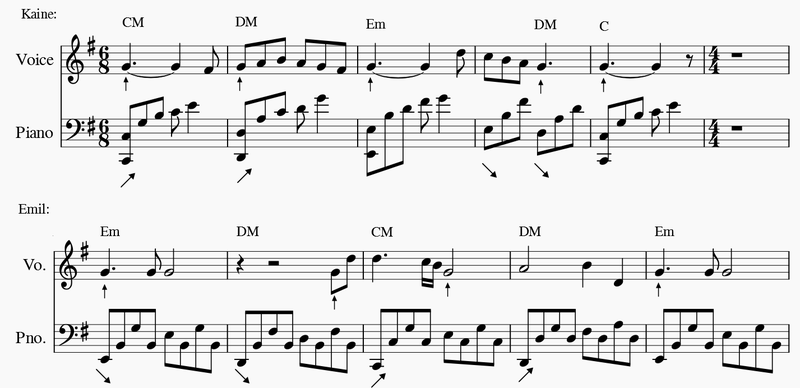Ex.11 from “Emil” and “Kaine”, highlighting G naturals and the retrograde chord progressions